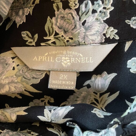 April Cornell 2X Floral Black & White Floral Dress With Long Sleeve & Tie Waist - Picture 5 of 5